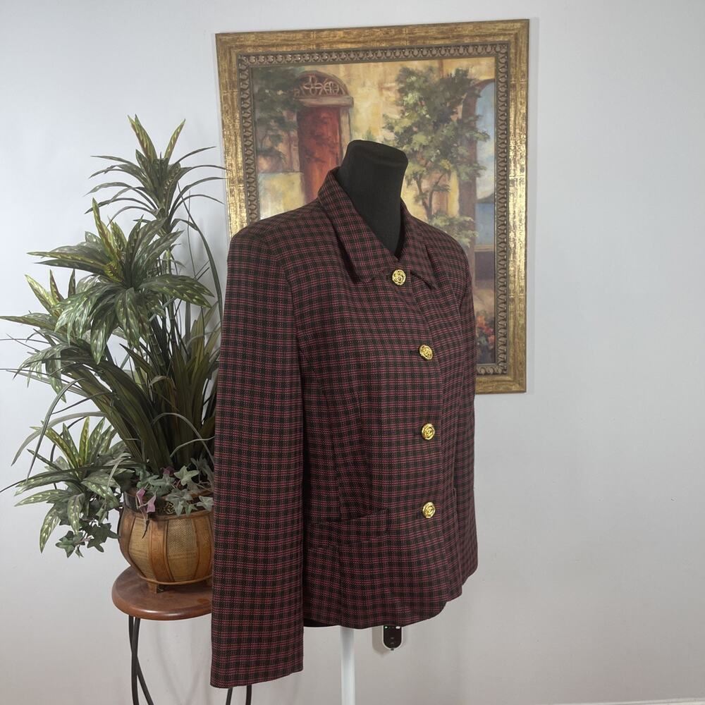 SBS Collection Women Blazer Size 10 Burgundy Plaid Gold Button Career Jacket - Picture 3 of 11